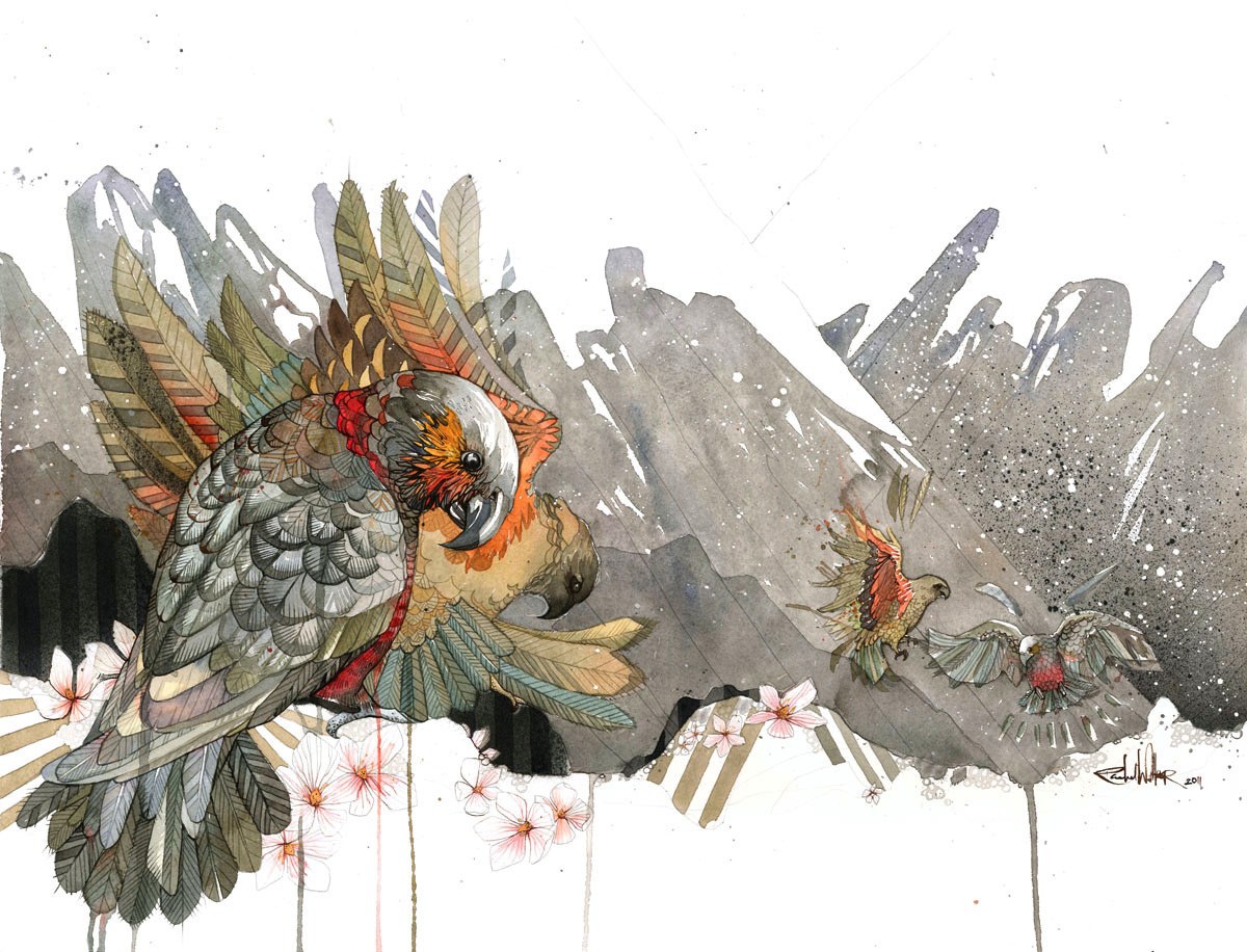 Parrots in a mountain landscape