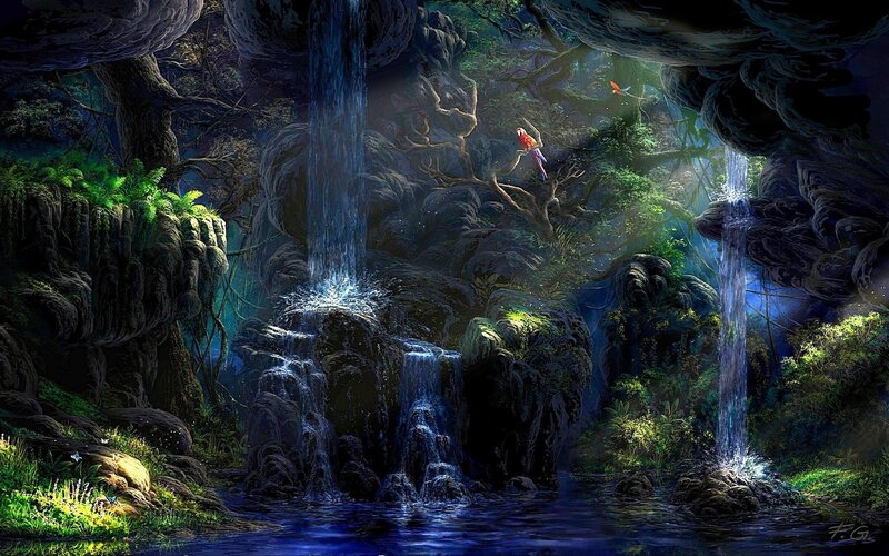 Parrots in Jungle Cave — Blue