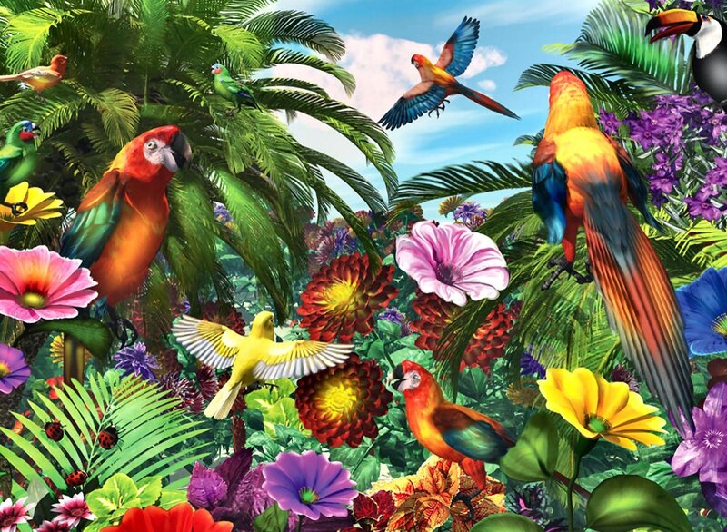 Parrots in Jungle — Green, Vibrant, Afternoon