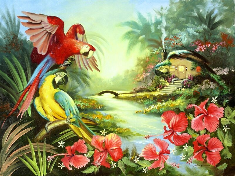 Parrots in Jungle — Red