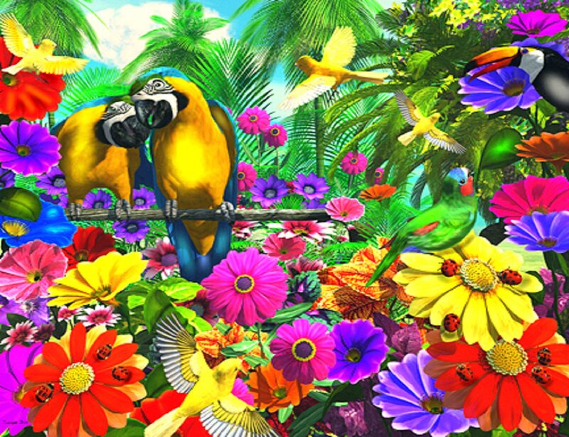 Parrots in Tropical Garden