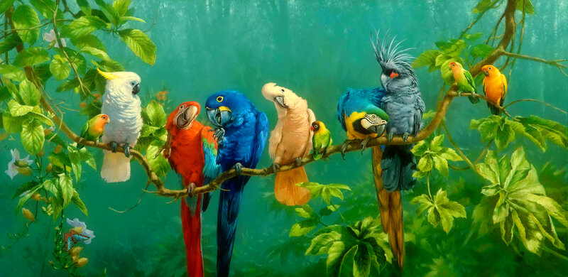 Parrots on a Branch — Green