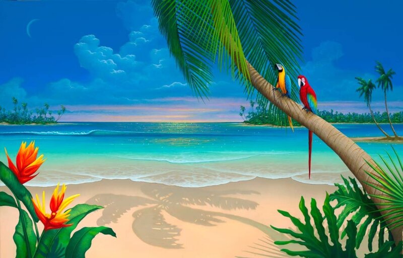 Parrots on Palm Tree — Blue