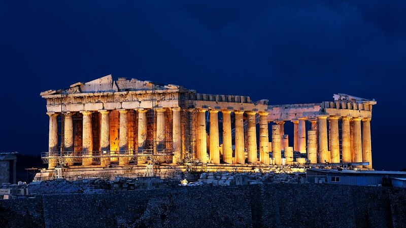 Parthenon at Night — Blue, Dramatic, Photograph, Ancient Temple, Columns