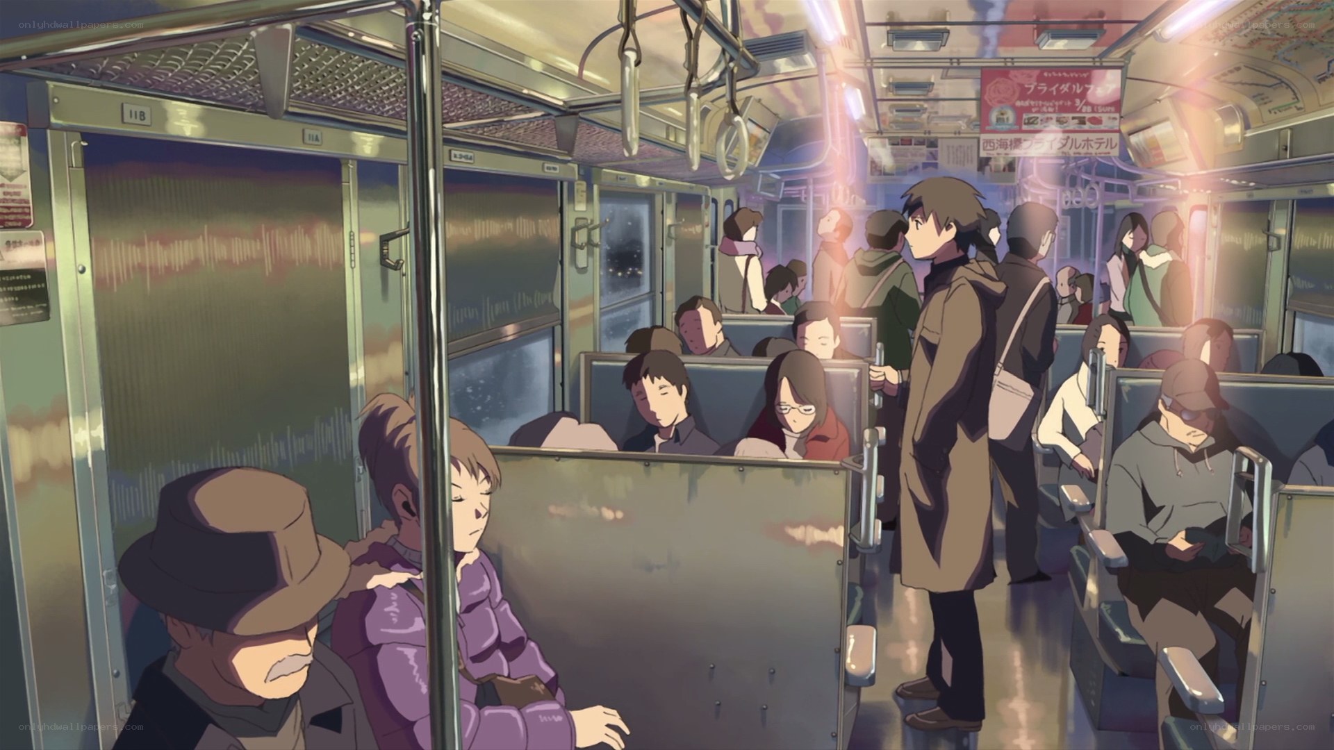 Passengers on a train at night