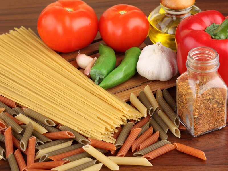Pasta and Vegetables — Red, Fresh, Photograph