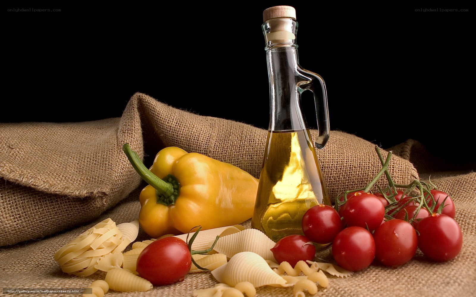 Pasta ingredients on burlap