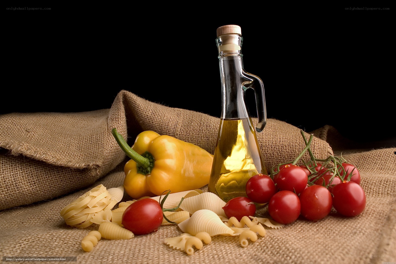 pasta ingredients on burlap