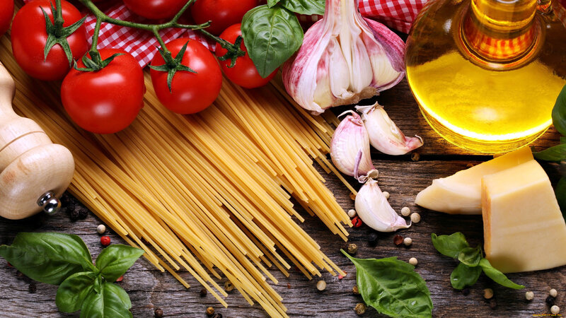 Pasta Ingredients on Wood — Red