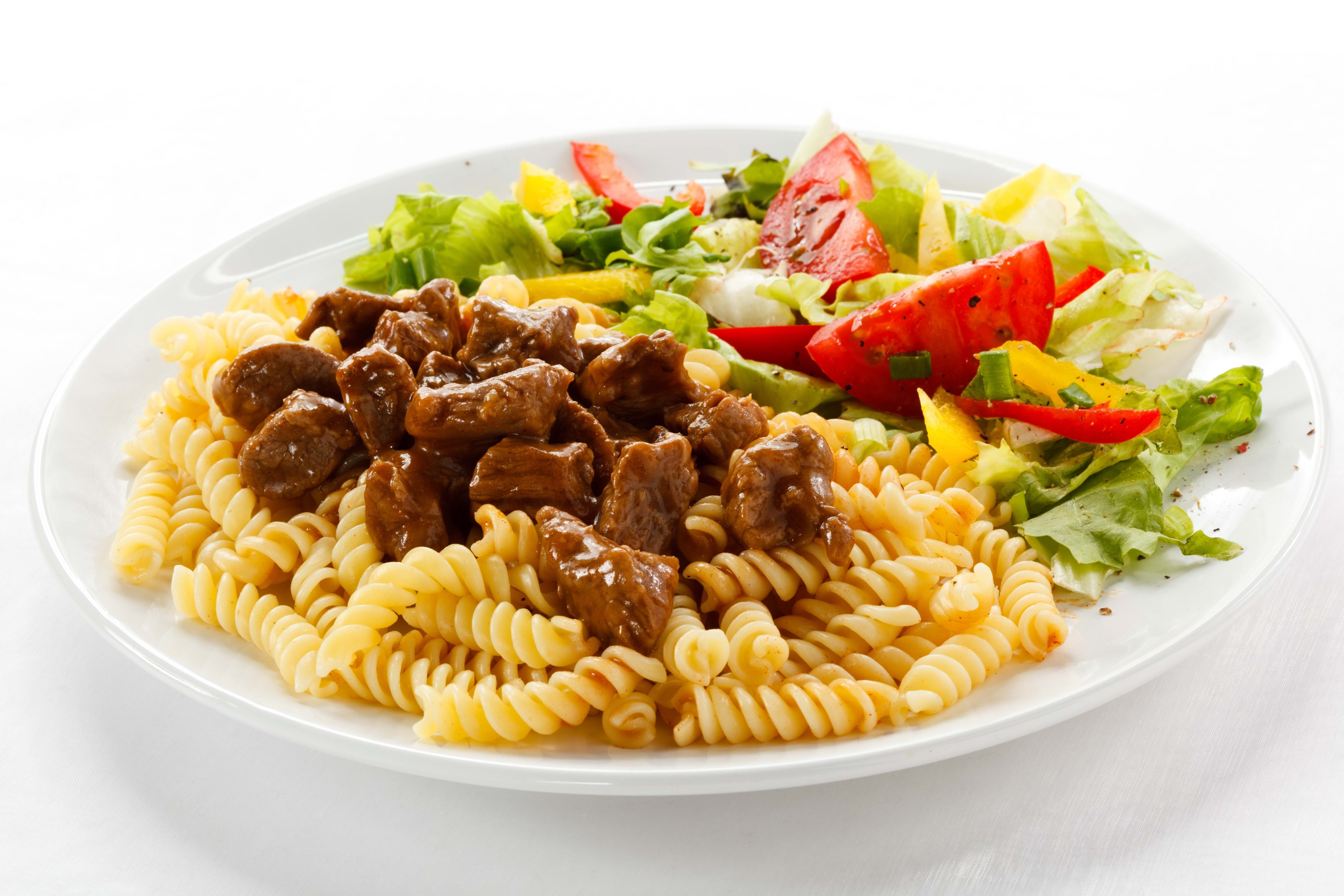 pasta with beef and salad