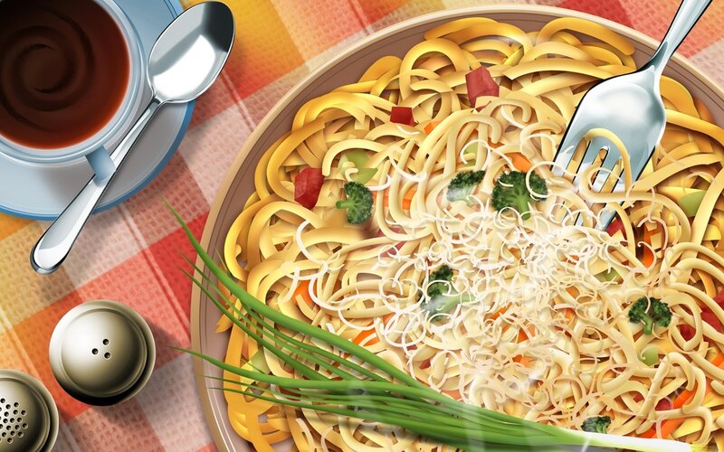 Pasta with vegetables and soup