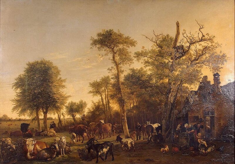 Pastoral farm scene with animals