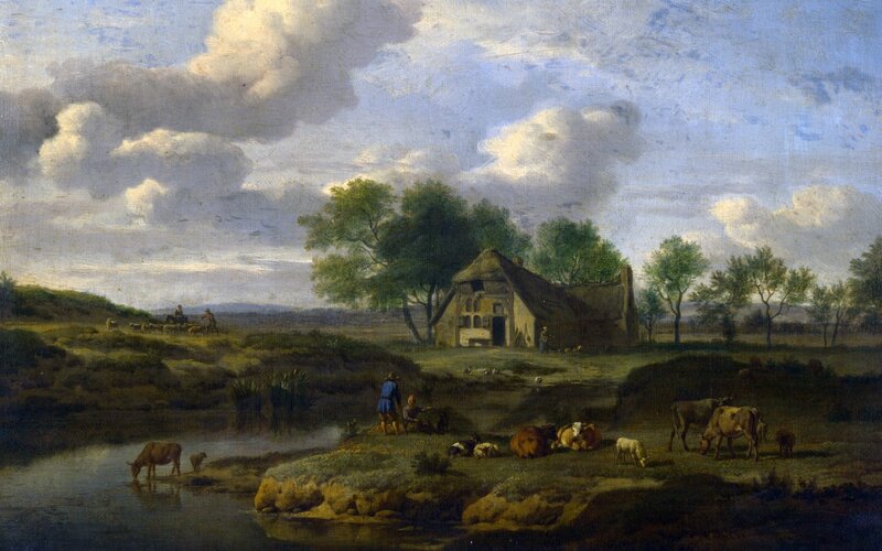 Pastoral landscape with farm and river