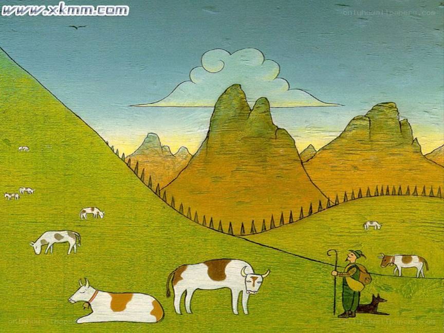 Pastoral landscape with shepherd