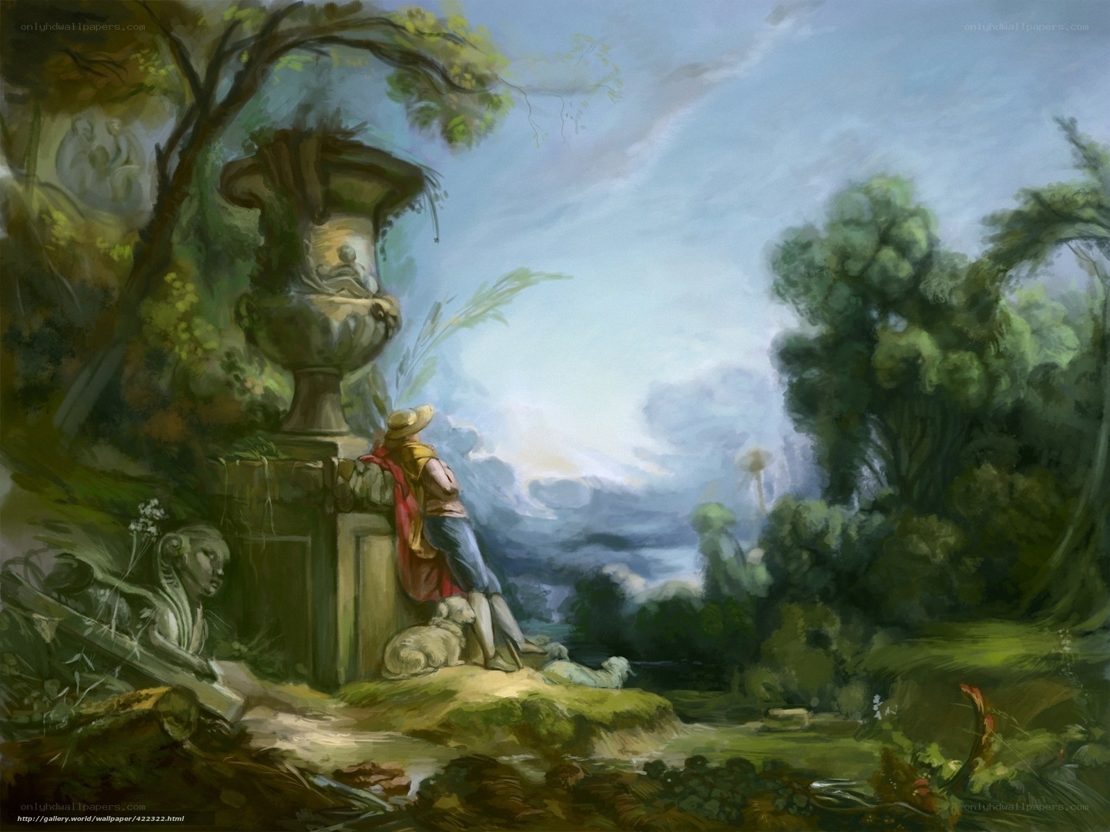 Pastoral landscape with shepherd