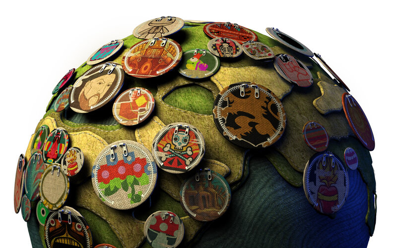 patchwork globe with badges