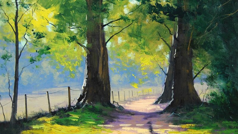 Path Between Trees — Green, Serene, Afternoon, Painting