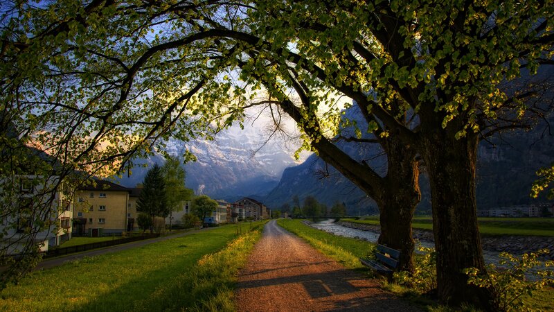 Path by River and Mountains — Green