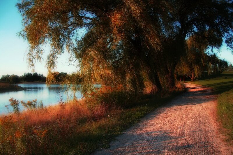 Path by the lake at sunset