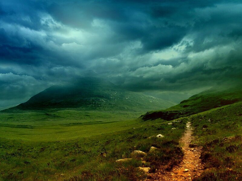 Path through a stormy landscape