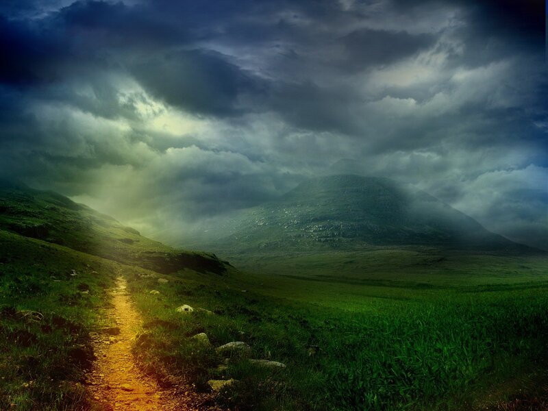 Path through a stormy landscape