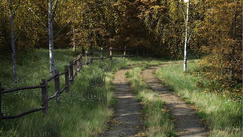 Path Through Autumn Forest — Green, Serene, Digital Art