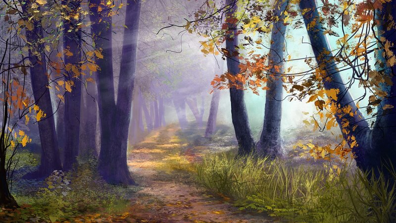 Path Through Autumn Forest — Green, Serene, Digital Art, Trees, Fog