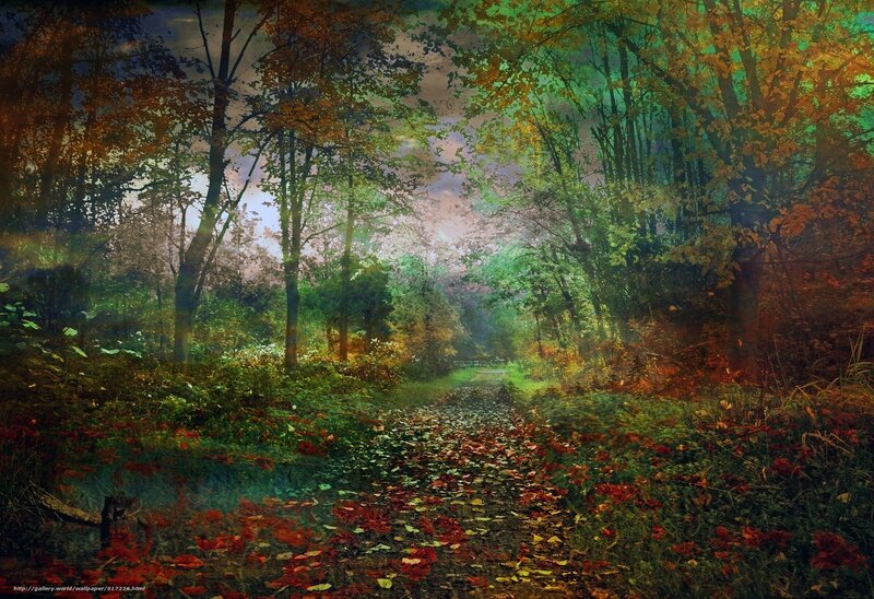 Path Through Autumn Forest — Green, Serene, Digital Art, Trees, Leaves