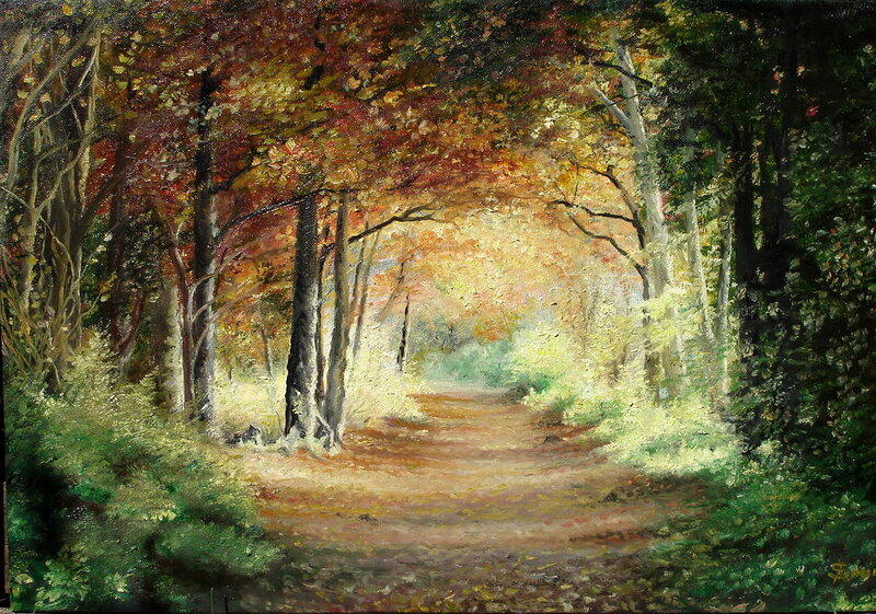 Path Through Autumn Forest — Green, Serene, Painting