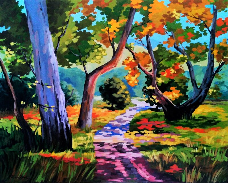 Path Through Autumn Forest — Green, Serene, Painting, Trees, Flowers