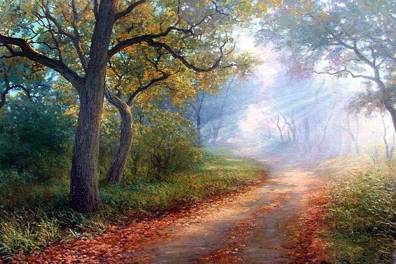 Path Through Autumn Forest — Green, Serene, Painting, Trees, Leaves