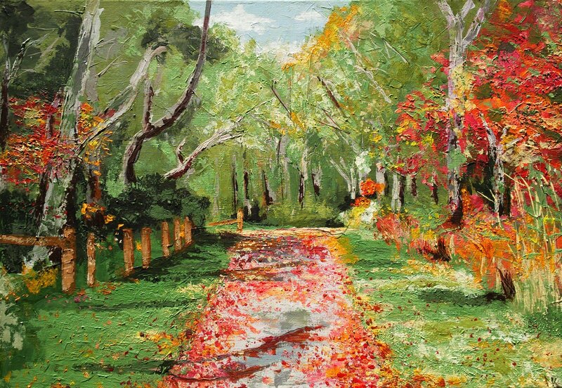 Path Through Autumn Forest — Green, Serene, Painting, Trees
