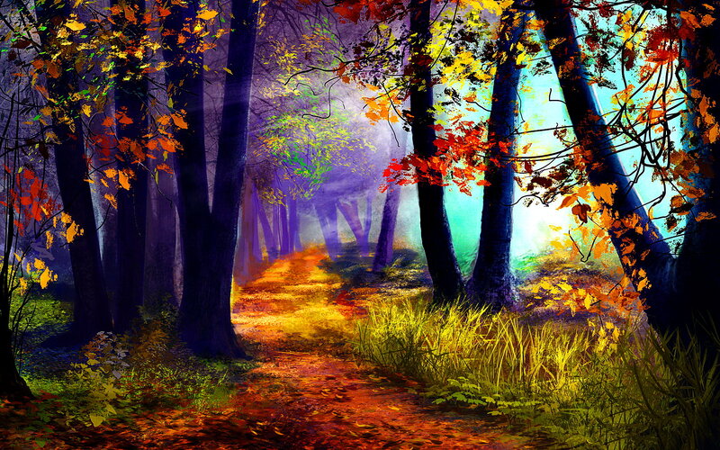 Path Through Autumn Forest — Orange, Serene, Digital Art