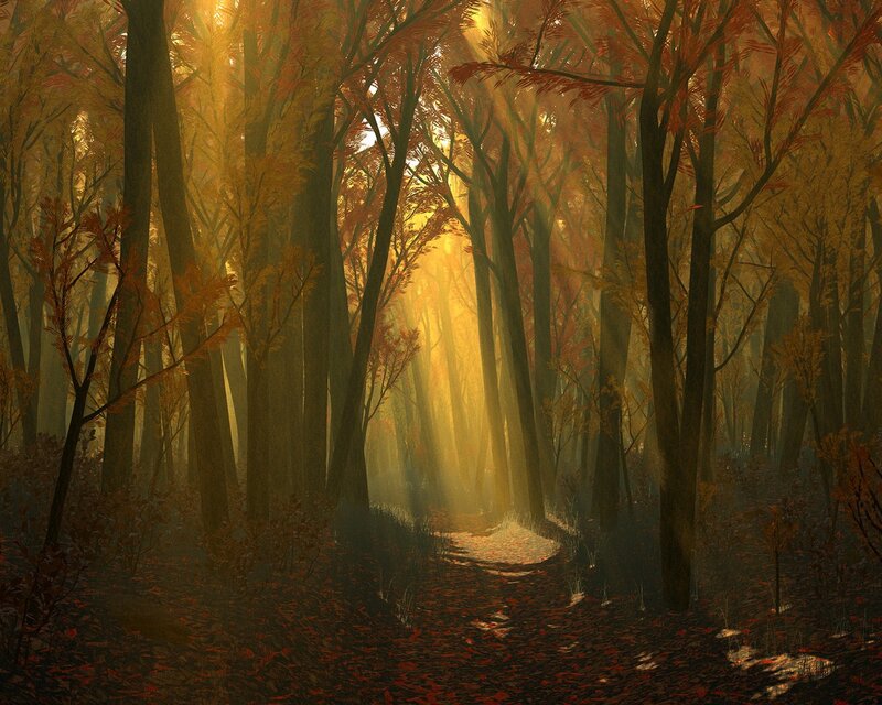 Path Through Autumn Forest — Orange, Serene, Digital Art, Trees, Sunlight