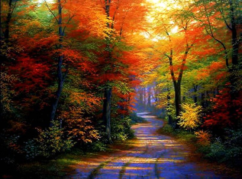 Path Through Autumn Forest — Orange, Serene, Painting