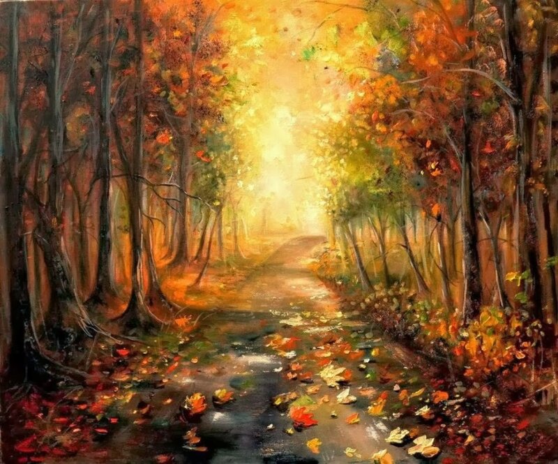 Path Through Autumn Forest — Orange, Serene, Painting, Trees, Leaves