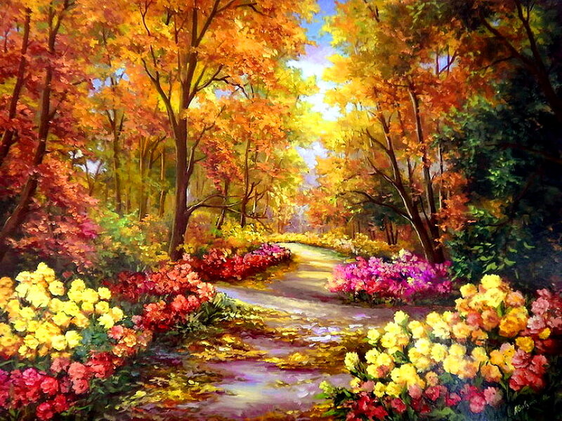 Path Through Autumn Forest — Orange, Serene, Painting, Trees
