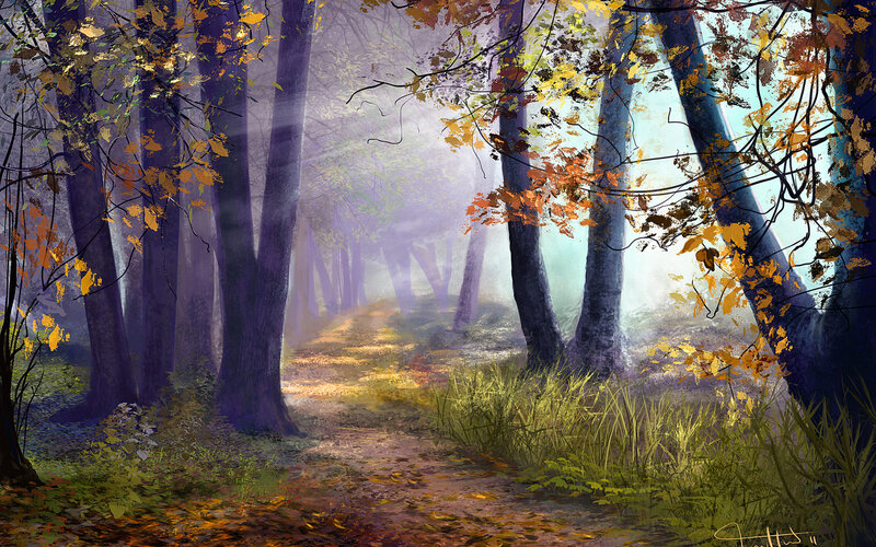 Path Through Autumn Forest — Purple, Serene, Digital Art