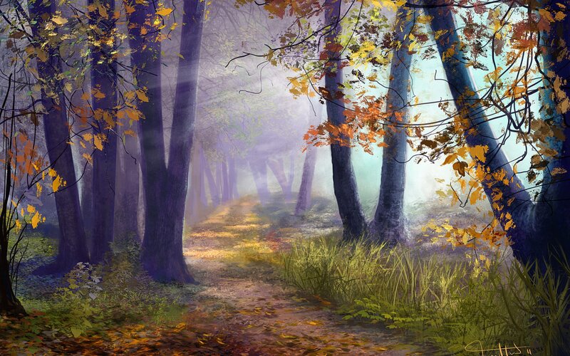 Path Through Autumn Forest — Purple, Serene, Digital Art, Trees, Leaves