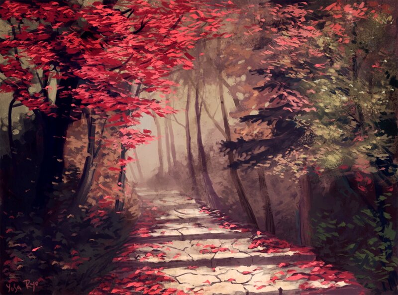 Path Through Autumn Forest — Red, Serene, Digital Art