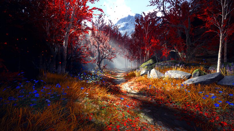 Path Through Autumn Forest — Red, Serene, Digital Art, Trees