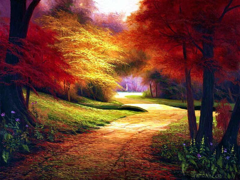 Path Through Autumn Forest — Red, Serene, Painting