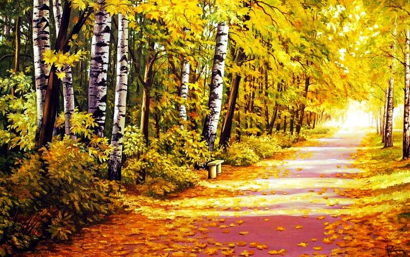 Path Through Autumn Forest — Yellow, Serene, Painting, Trees, Bench