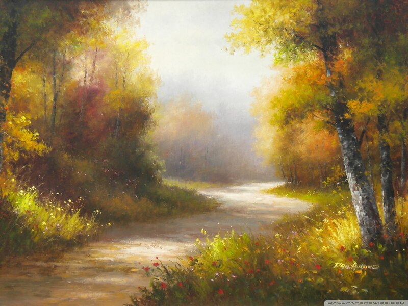 Path Through Autumn Forest — Yellow, Serene, Painting, Trees, Flowers