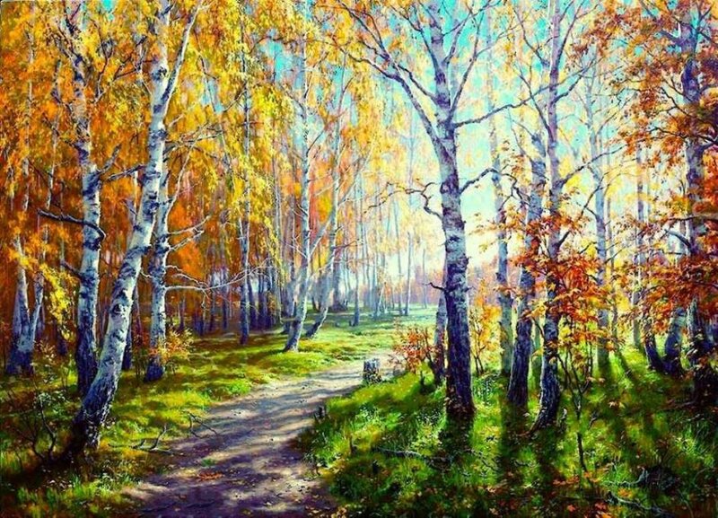 Path Through Autumn Forest — Yellow, Serene, Painting, Trees, Grass