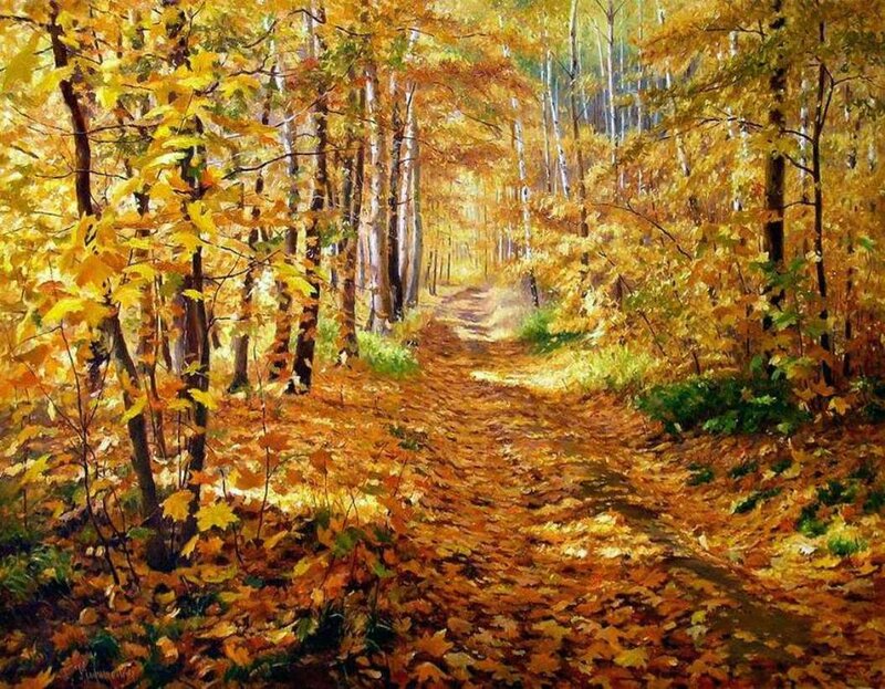 Path Through Autumn Forest — Yellow, Serene, Painting, Trees, Leaves