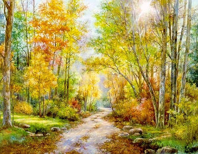 Path Through Autumn Forest — Yellow, Serene, Painting, Trees, Rocks