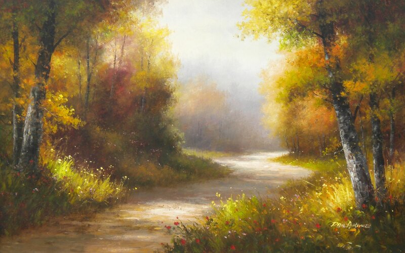 Path Through Autumn Forest — Yellow, Serene, Painting, Trees