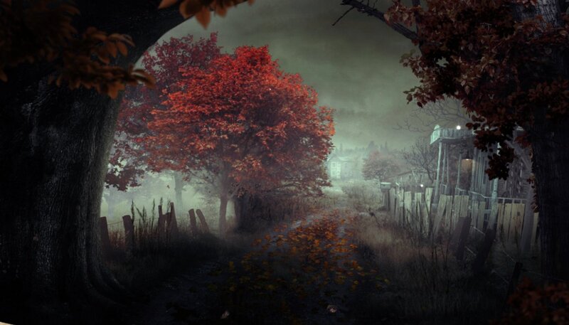Path Through Autumn Trees — Red, Mysterious