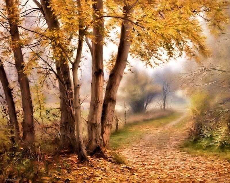 Path Through Autumn Trees — Yellow, Serene, Painting